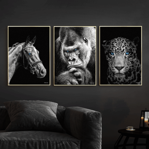 Hest-Gorilla-Jaguar-Messing-Plakatrammer-50x70