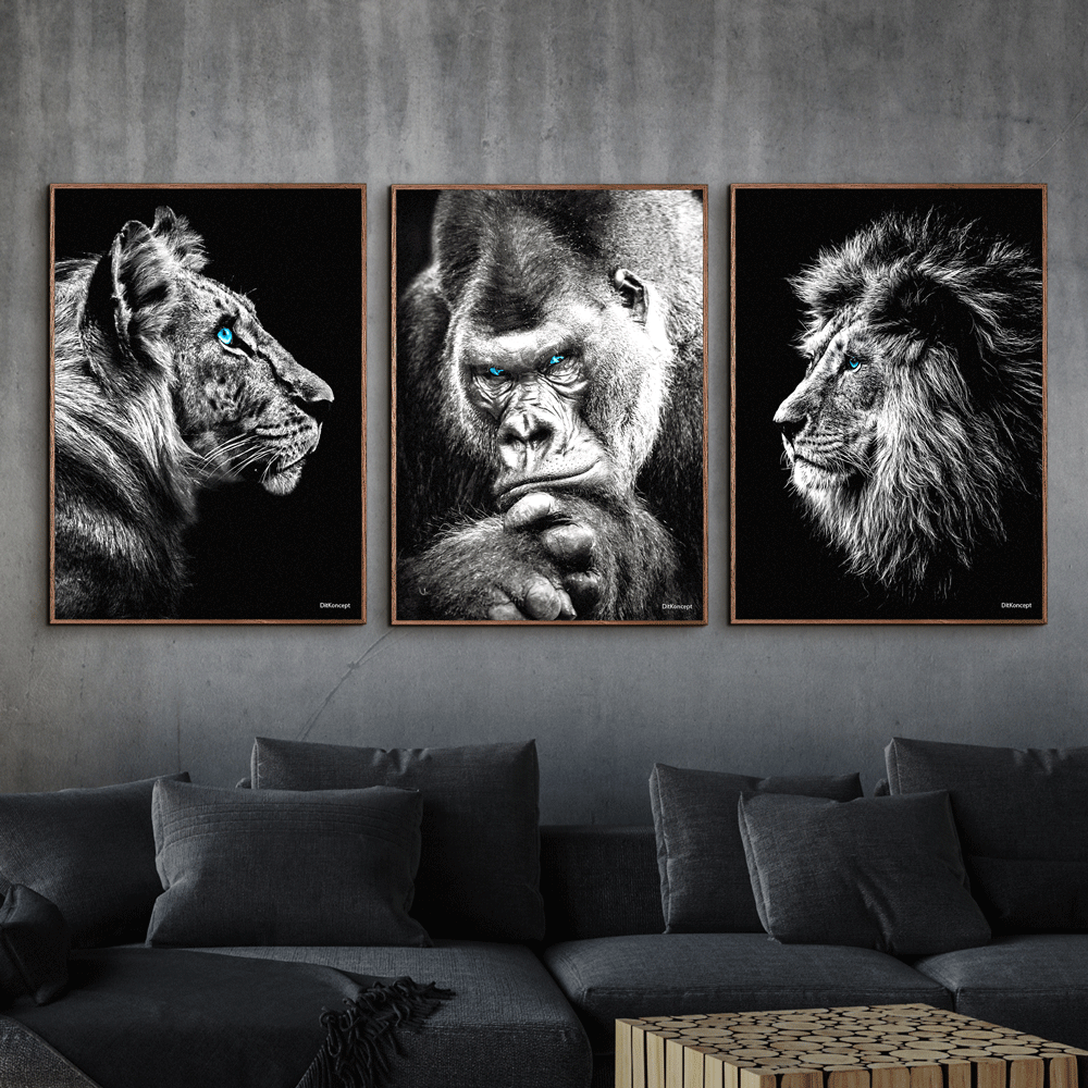 Tiger-Gorilla-Løve-Plakater-Brune-Trærammer
