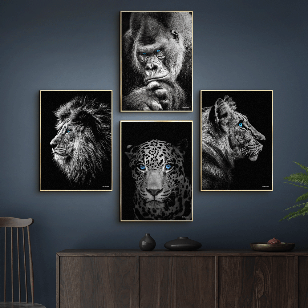 Løve-Gorilla-Jaguar-Tiger-Messing-Plakatrammer