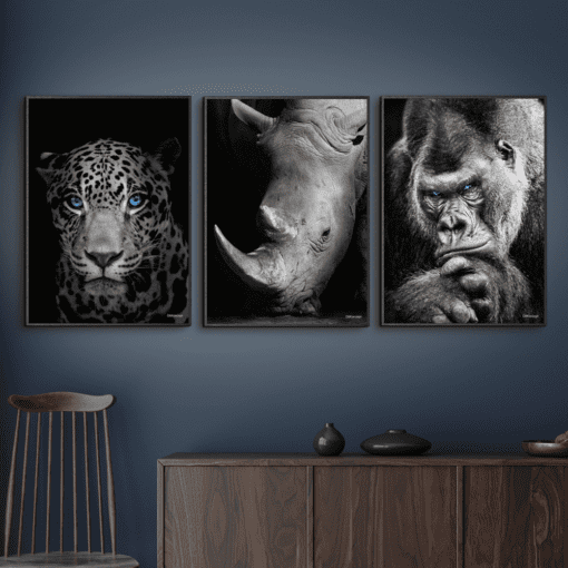 Jaguar-Næsehorn-Gorilla-Sort-Eg-Plakatrammer