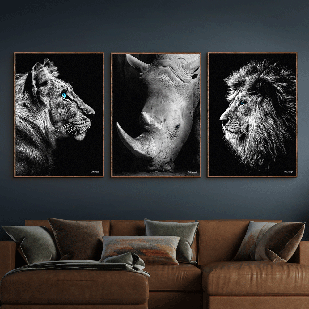 Tiger-Næsehorn-Løve-Plakat-Brune-Eg-Plakatrammer